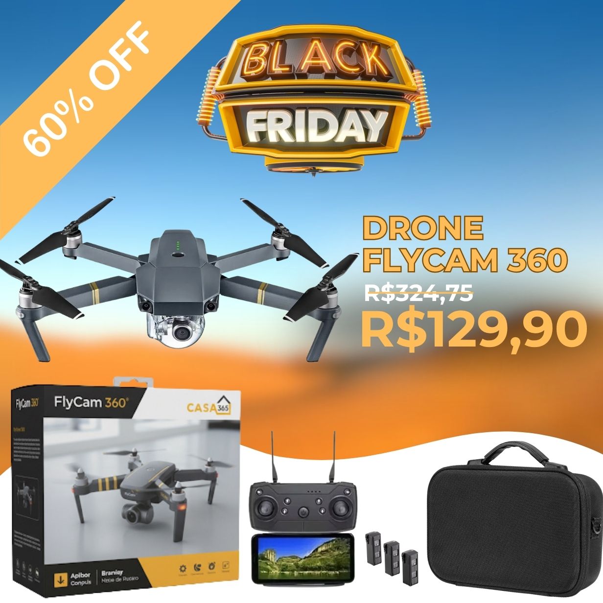 [OFERTA RELÂMPAGO] FlyCam360 - Drone 4k HD + BRINDE Maleta de Transporte
